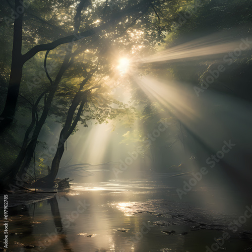 Sunbeams filtering through the mist, creating an ethereal atmosphere.