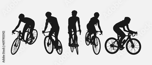 set of silhouettes of cyclist. sport, racing, vehicle, active concept. vector illustration.