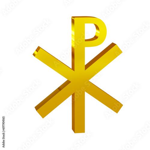 Golden 3D religious symbol, the Labarum or Chi Rho symbol 3D photo