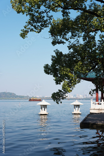 Beautiful landscape and ancient architecture of West Lake in Hangzhou, China