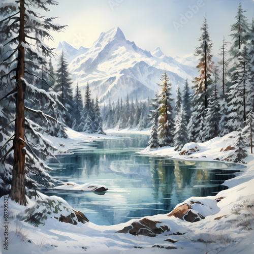 Winter landscape with snow-covered pines and a frozen mountain lake.