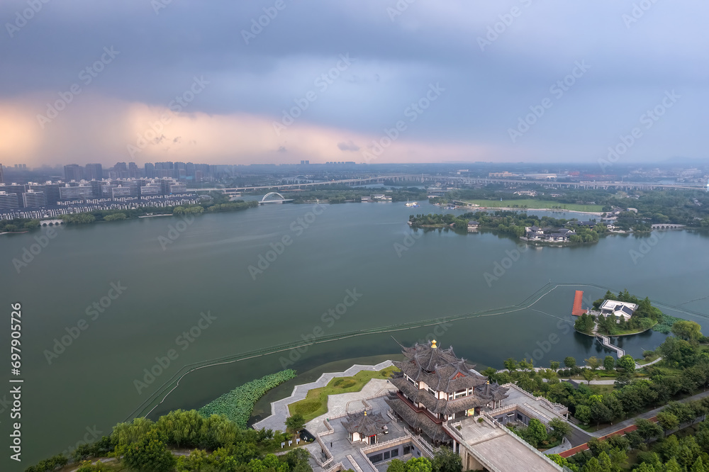 Aerial photography of the panoramic view of the city of Didang Lake in Shaoxing..