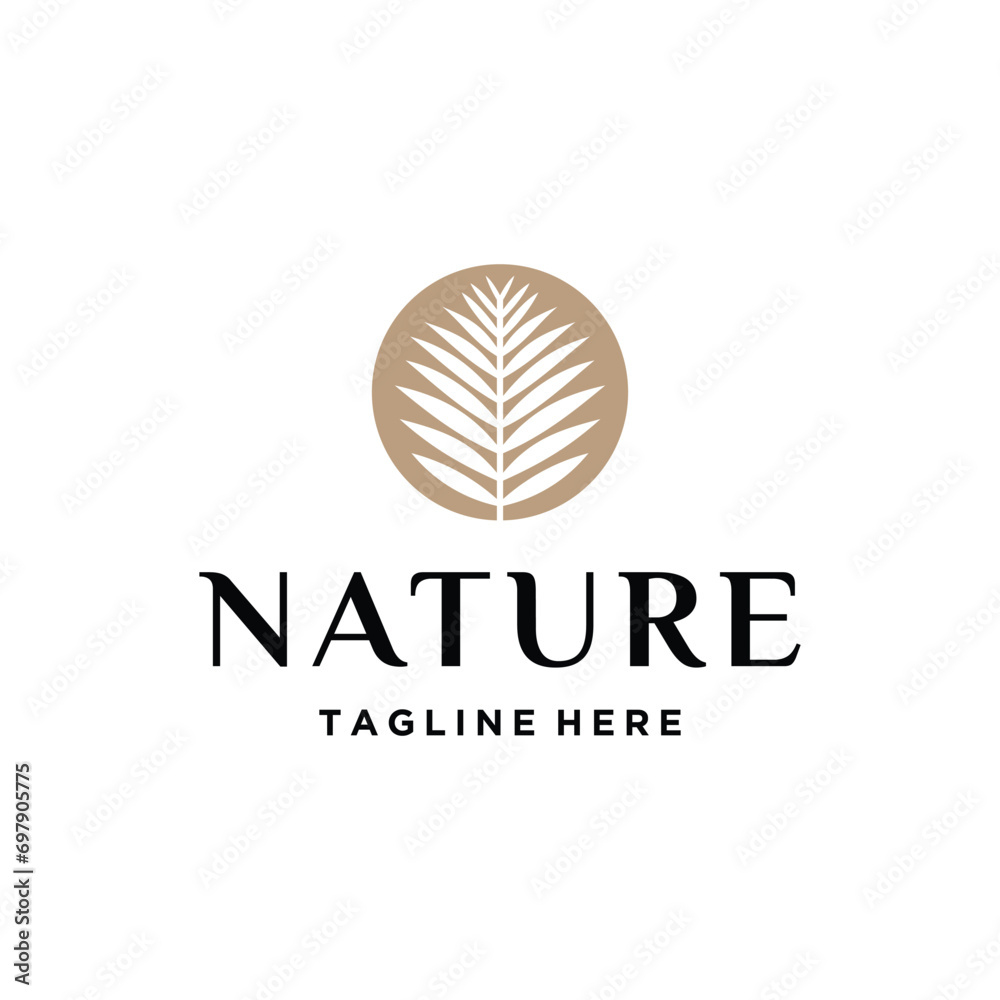 Golden Abstract Palm Leaves With Simple Circle Art Style For Business Brand Inspiration Logo Design Template. Golden Abstract Palm Leaves With Simple Circle Art Style For Business Brand Inspiration Logo Design Template.