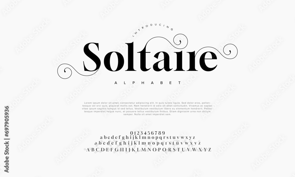 Soltaire premium luxury elegant alphabet letters and numbers. Elegant wedding typography classic serif font decorative vintage retro. Creative vector illustration Soltaire premium luxury elegant alphabet letters and numbers. Elegant wedding typography classic serif font decorative vintage retro. Creative vector illustration