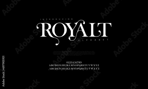 Royalt premium luxury elegant alphabet letters and numbers. Elegant wedding typography classic serif font decorative vintage retro. Creative vector illustration photo