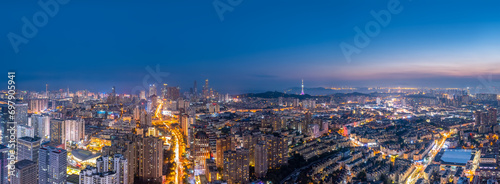 Aerial panoramic view of Qingdao s urban coastline..