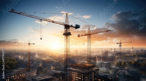 A tower crane building a tall building with a city skyline in the background. Generative AI.