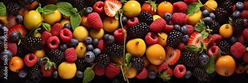 Background of bright colorful ripe berries and fresh fruits in an attractive composition, top view. Background of ripe strawberries, raspberries, blackberries, blueberries, top view.