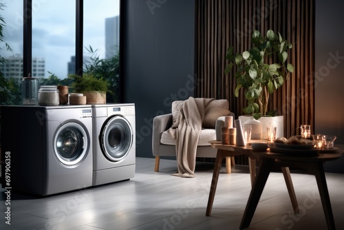 Front load washing machine in dark color with softener in luxury living room. Generative AI.