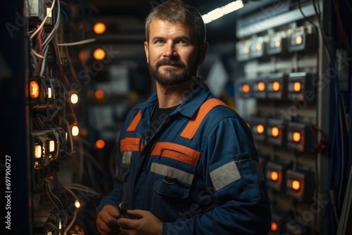 Male electrician standing against the backdrop of electrical box at factory. Generative AI.