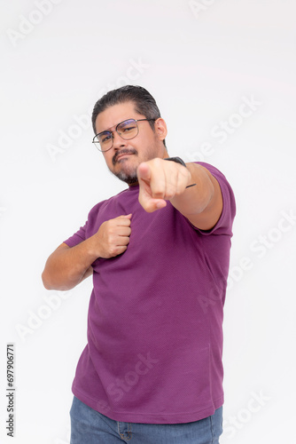 A trustworthy middle aged man beating his chest and proclaimsing his loyalty to a friend. Proclaiming that he got your back. Half body photo isolated on white background. photo