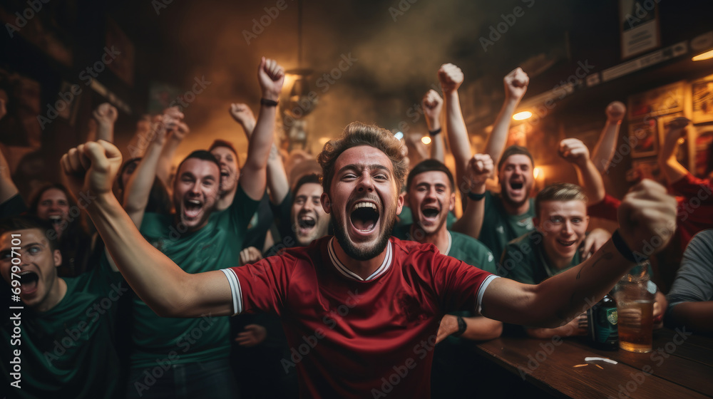 Fans of football team celebrating championship in sports bar. Generative AI.