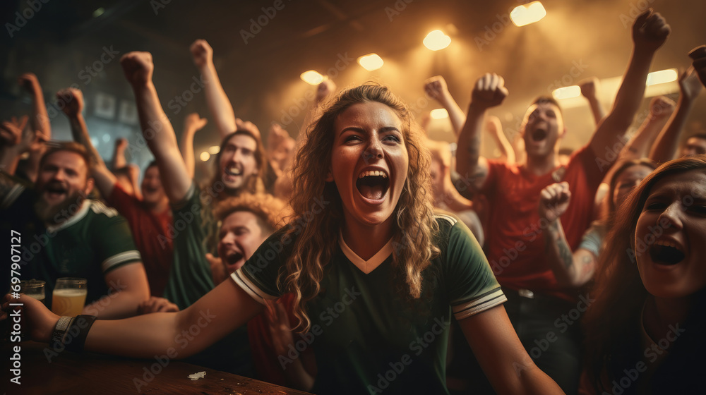 Fans of football team celebrating championship in sports bar. Generative AI. - obrazy, fototapety, plakaty 