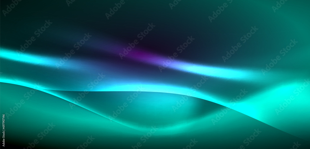 Obraz premium Dynamic waves in ethereal glow of neon lights. Concept merges fluidity of motion with vibrant allure of neon, crafting entrancing backdrop that embodies both vitality and futuristic sophistication