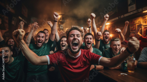 Fans of football team celebrating championship in sports bar. Generative AI. © visoot