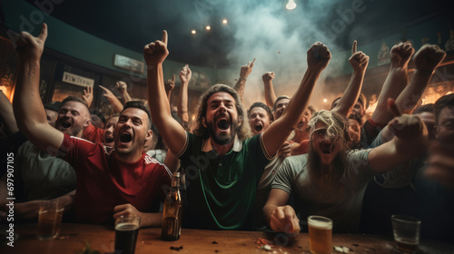 Fans of football team celebrating championship in sports bar. Generative AI.