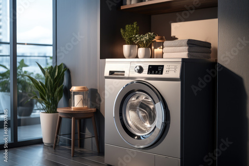 Front load washing machine in dark color with softener in luxury living room. Generative AI.