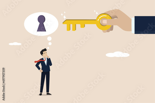 Business support or help to solve problems, open work obstacles or key to unlock business idea concept, businessman thinking with idea as keyhole with helping hand holding key to success.