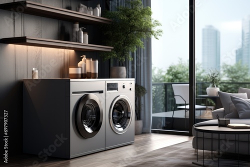 Front load washing machine in dark color with softener in luxury living room. Generative AI.
