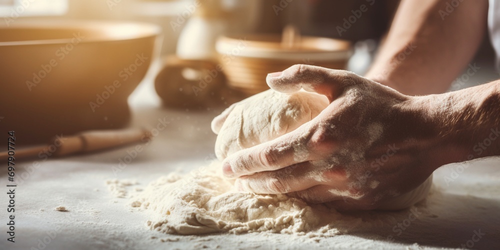 Hands kneading the dough in the sunlight