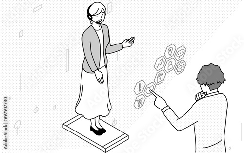 Image of DX, a customer service woman appearing on screen in AR and a man selecting services on a touch panel