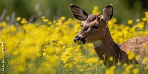 Wildlife in spring featuring a deer grazing