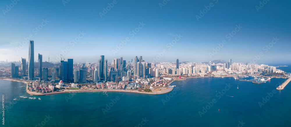 Aerial panoramic view of Qingdao's urban coastline..