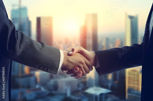 Deal success: Close-up handshake, palms reveal intensity, city backdrop—AI crafted image captures corporate synergy and urban success.