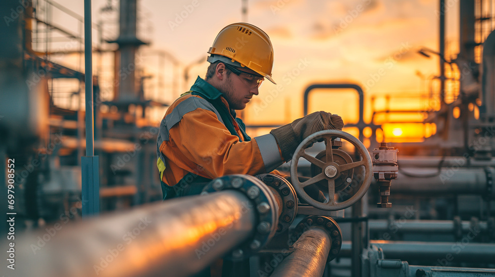 Engineer operator repairs valve equipment in plant industry  - obrazy, fototapety, plakaty 