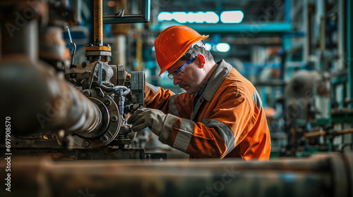 Engineer operator repairs valve equipment in plant industry  photo