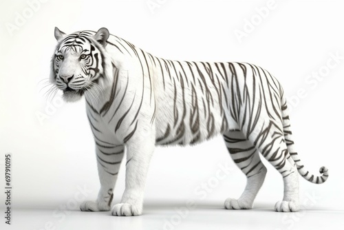 A 3D illustration of a majestic tiger with white fur standing on a white background. Generative AI