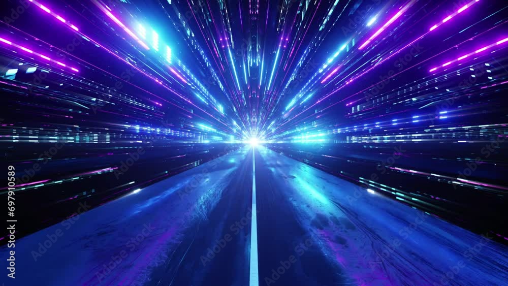 An endless high-speed flight through a neon sci-fi tunnel of colorful laser light in a seamless VJ loop. Perfect for music videos, stage performance walls, LED screens and projection cards.
