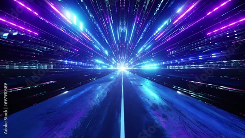 An endless high-speed flight through a neon sci-fi tunnel of colorful laser light in a seamless VJ loop. Perfect for music videos, stage performance walls, LED screens and projection cards.