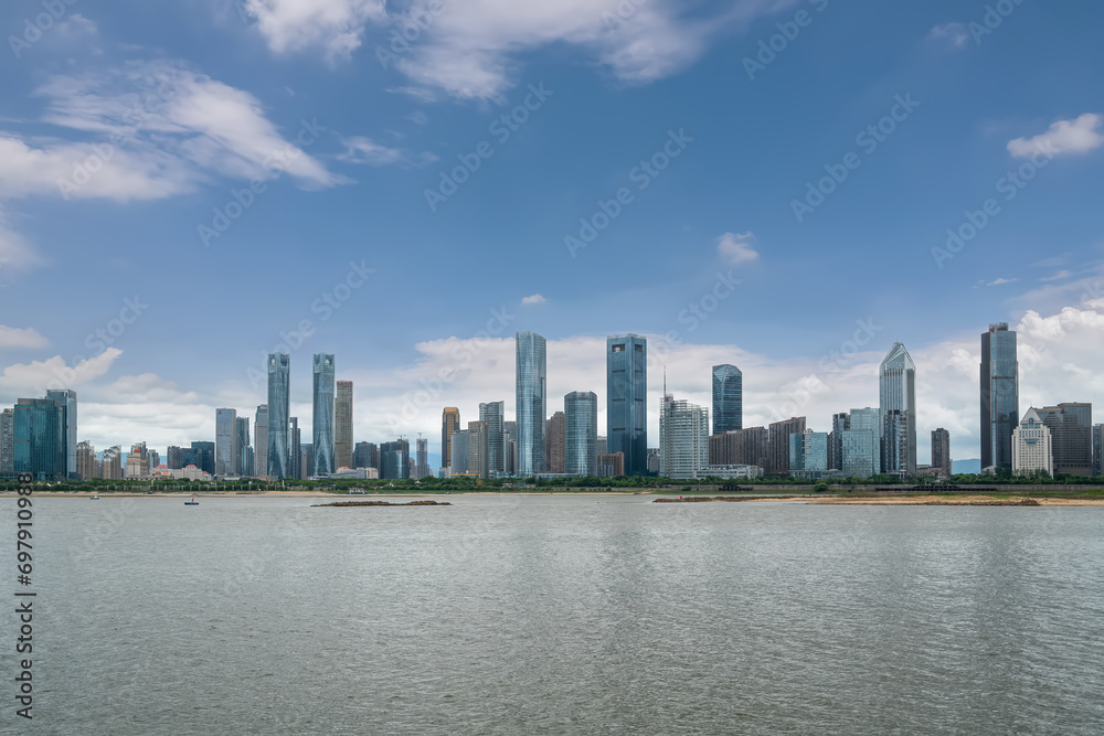 Aerial photography of urban street views on both sides of the Gan River in Nanchang..
