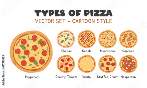 Diverse Types of Pizza Vector Set. Pepperoni, Cheese, Kebab, Mushroom, Caprese, White, Cherry Tomato, Neapolitan Pizza Clipart Cartoon Style Flat Vector Design. Explore the Flavorful Variety