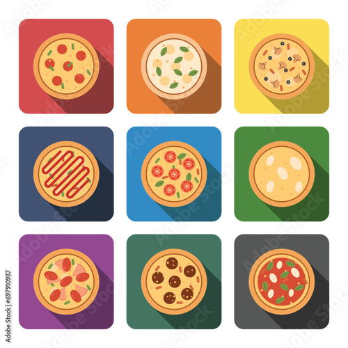 Set of 9 colorful Pizza Icon with Long Shadows: Pepperoni, Cheese, Kebab, Mushroom, Caprese, White, Neapolitan. Vector Design in Flat Style. Vibrant vector Illustration Collection