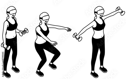 VR fitness, woman training with VR goggles, 3 sets