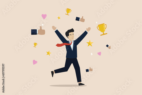 Rewarding high performing employees, praising successful staff, concept of recognition or congratulations, cheerful successful businessman with applause thumbs up appreciation, stars and trophies.