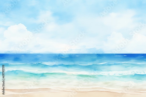 Watercolor Beach Background: Serene Coastal Seascape Painting © Little