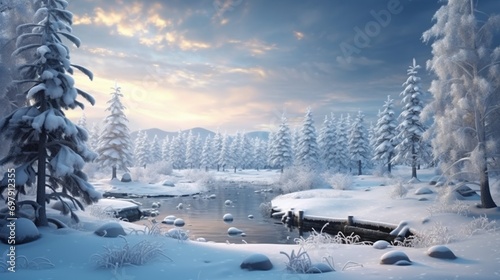 Craft an ultra-realistic Christmas gift card featuring a delicate winter scene with a frozen lake surrounded by snow-laden trees. © MuhammadAshir