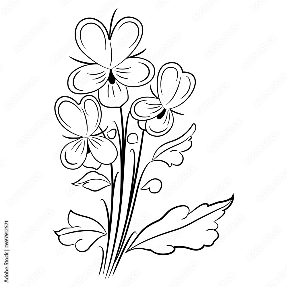 Bouquet of blooming branches of wild pansy or viola tricolor flower. Medieval illuminated manuscript art. Cute floral motif. Black and white linear silhouette. Bouquet of blooming branches of wild pansy or viola tricolor flower. Medieval illuminated manuscript art. Cute floral motif. Black and white linear silhouette.
