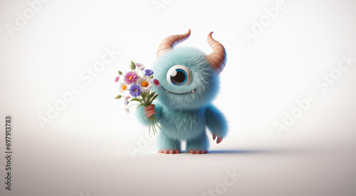 Cute Happy 3d Render Monster Holding flowers for Valentine s Day