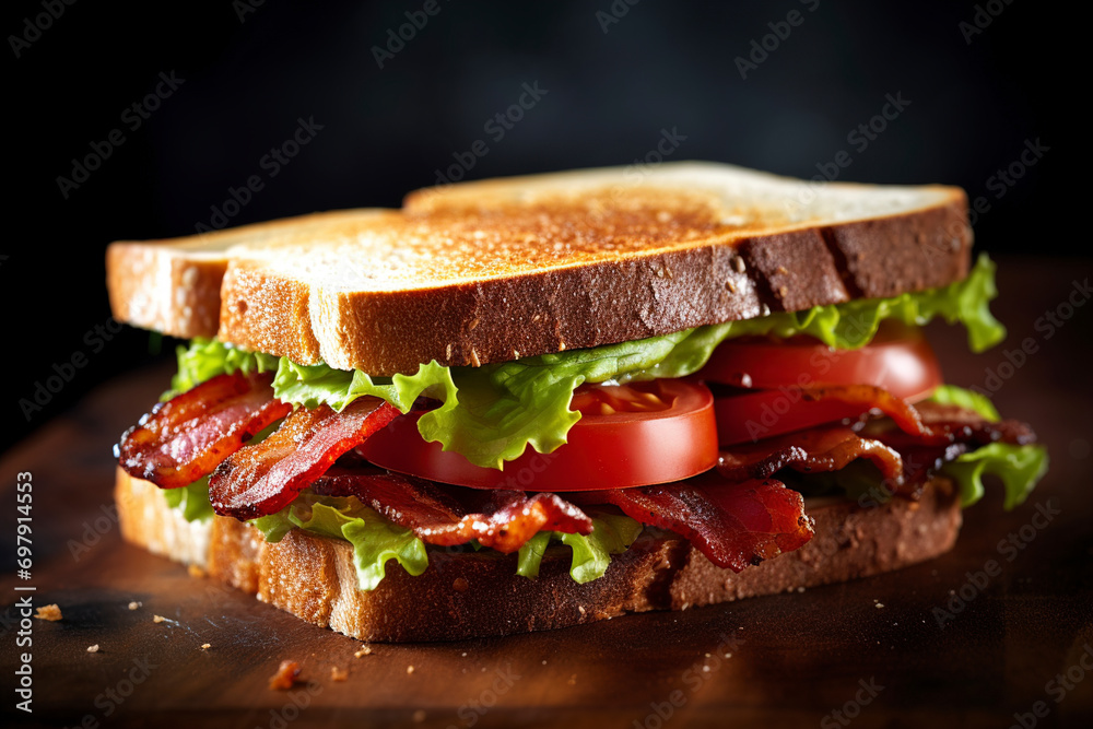 A close-up view of a classic sandwich with bacon is served. (Generative AI) A close-up view of a classic sandwich with bacon is served. (Generative AI)