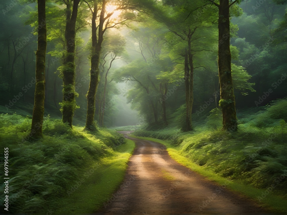 Obraz premium depth and distance road in a lush green forest