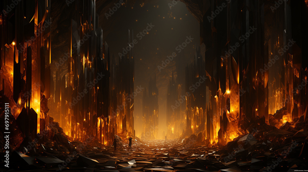 Obraz premium The golden pillar in the dark cave glowed yellowish gold