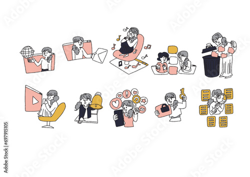 インターネットを活用する女性のイラストセット