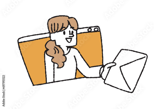 メールを出す女性　インターネットを活用する女性のイラスト