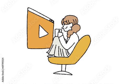 動画鑑賞をする女性　インターネットを活用する女性のイラスト