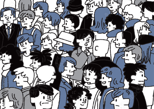 街中の雑踏、人混みの手書きイラスト