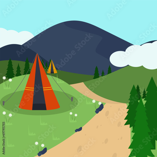 Flat design of natural spring landscape with flowers, trees, mountains and camp vector illustration